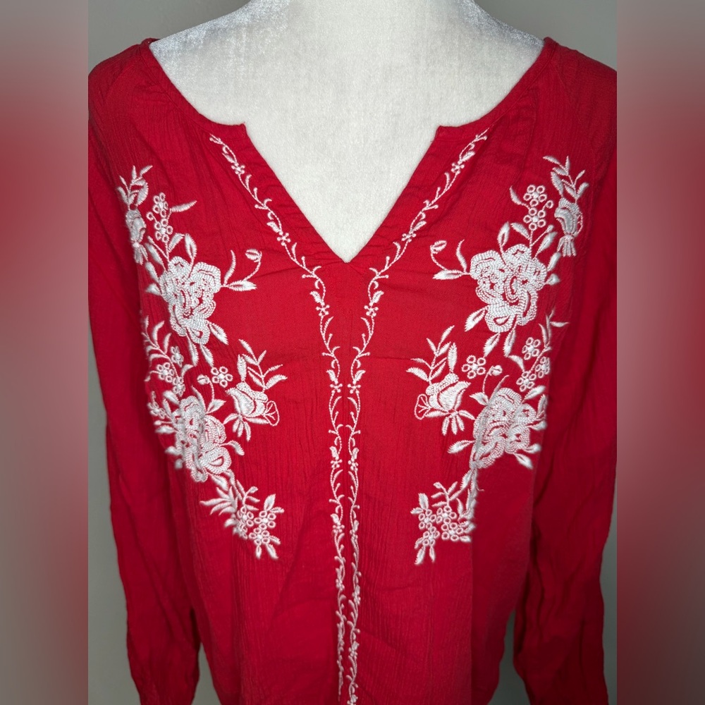 Talbots CRINKLE GAUZE EMBROIDERED POPOVER Red size M - Picture 4 of 11